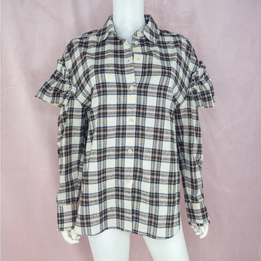 SJYP STEVE J & YONI P Plaid Button Down Top Medium Ruffle Streetwear Korean